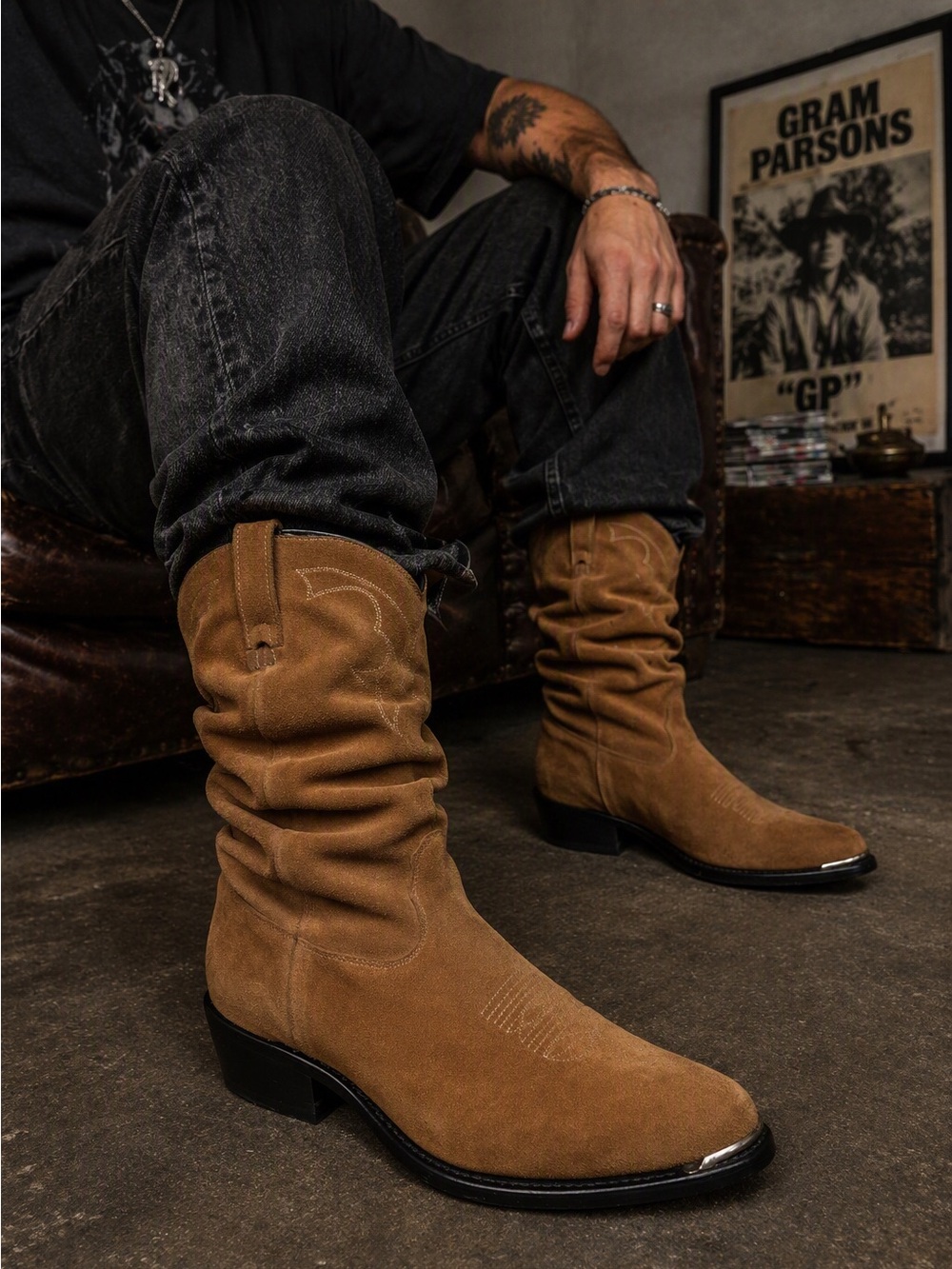 Vintage Genuine Leather Roughout Slouchy Cowboy Boots – Metal Toe Accent size 13